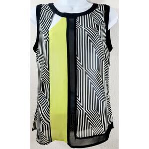 Mentha & Chocolate Black White Yellow Geo Print Sheer Top Medium Lightweight